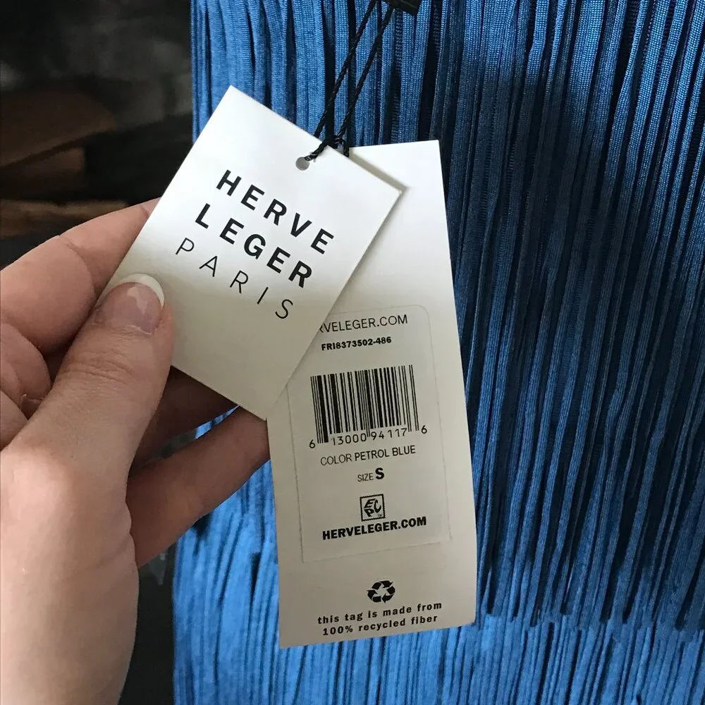 'Herve Leger Paris' One Shoulder Mini Fringe Dress in Petrol Blue - Size Small - Picture 7 of 8